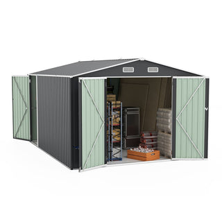 Outdoor Storage Shed 9×11 FT with 3 Lockable Doors,Utility Tool Shed Metal Storage Garden Sheds 4 Vents,Metal Sheds with Galvanized Steel Frame,for Backyard,Patio,Lawn,Grey