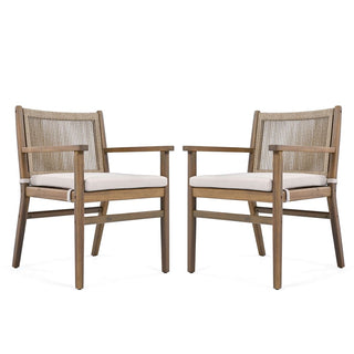 Outdoor Dining Chairs Set of 2, Acacia Wood Patio Armchair with Rope Design Back and Water Repellent Cushion