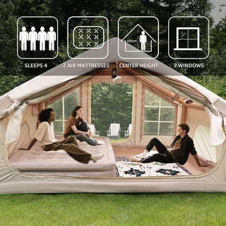 6.3m² Inflatable Camping Tent with Canopy, 4-Season Waterproof & Windproof Air Tent with Clear Skylight, Mesh Windows and Doors