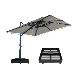 10 FT Square Aluminum Cantilever Patio Umbrella with Hook – Offset Outdoor Umbrella in Navy Blue/Tan/Gray for Patio & Garden
