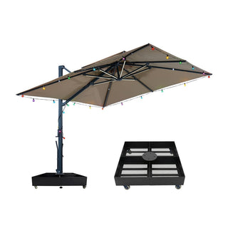 10×10 FT Double Top Aluminum Cantilever Patio Umbrella with LED Lights & Hook – Offset Outdoor Umbrella in Navy Blue/Tan/Gray