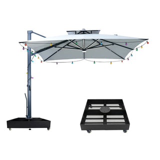 10×10 FT Double Top Aluminum Cantilever Patio Umbrella with LED Lights & Hook – Offset Outdoor Umbrella in Navy Blue/Tan/Gray