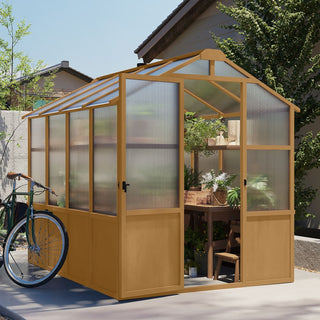 6x8 FT Wooden Walk-In Greenhouse with 6mm Polycarbonate Panels & Adjustable Roof Vent – Outdoor Garden Greenhouse for Backyard & Patio