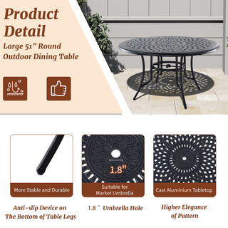 51" Round Cast Aluminum Outdoor Dining Table with Umbrella Hole – Patio Table for Porch & Backyard