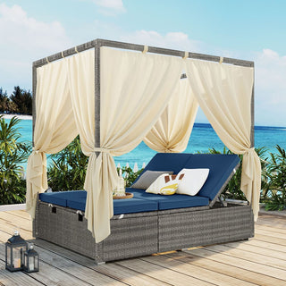 Adjustable Outdoor Sun Lounger with Canopy, Multi-Position Recliner & Removable Cushion, 3 Colors Patio Pool Garden Chaise Lounge Chair