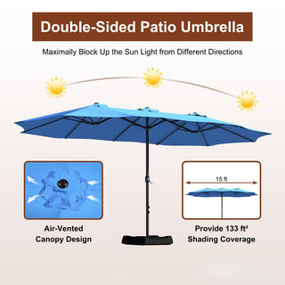 15FT Rectangular Patio Umbrella with Base & Crank Lift – Large Outdoor Market Umbrella for Backyard, Deck & Poolside
