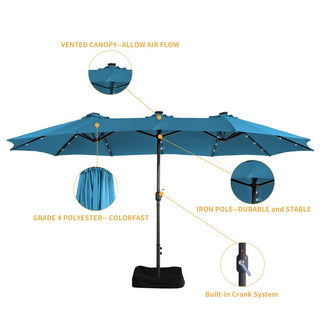 15FT Rectangular Outdoor Umbrella with LED Lights & Base – Day-to-Night Patio Shade for Backyard & Garden