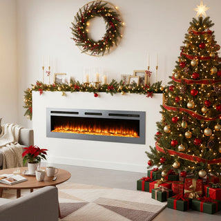 Premium 50/60 Inch Electric Wall-Mounted Fireplace Insert with Stainless Steel Surface & 12 Dynamic Flame Modes