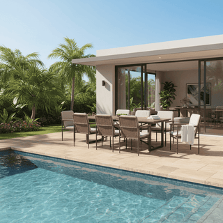 9-Piece Outdoor Patio Dining Furniture Set with Wooden Table, Umbrella Hole, Aluminum Frame Wicker Chairs & Olefin Cushions