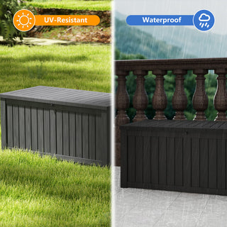 120-Gallon Resin Outdoor Deck Box with Lockable Lid, Patio Storage Bench for Cushions & Pillows – Black/Light Brown