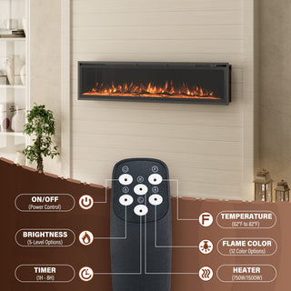 50/60/72-Inch Wall-Mounted & Recessed Electric Fireplace with Overheat Protection, Black