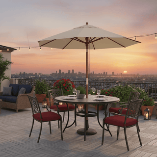 5-Piece Outdoor Dining Set - Round Gray Tile Table & Cast Aluminum Cushioned Chairs