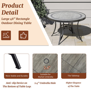 48" Round Cast Aluminum Outdoor Dining Table with Ceramic Tile Top & Umbrella Hole – Classic Patio Table for Garden & Porch