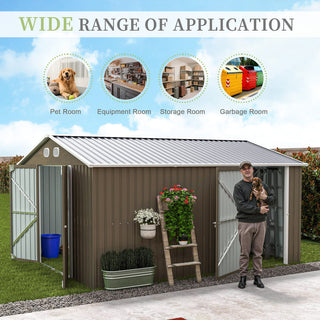 10x12 FT Outdoor Metal Storage Shed, Large Garden Shed with Sturdy Frame & Lockable Door, Weather-Resistant Tool Storage Shed for Backyard, Dark Gray/Brown