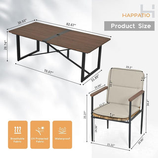 7-Piece Outdoor Patio Dining Set with Wooden Table & Umbrella Hole | 6 Wicker Chairs with Aluminum Frame & Olefin Cushions