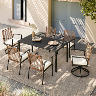 7-Piece Outdoor Patio Dining Set with 6 Wicker Chairs, 2 Swivel Rockers, Cushions & Slatted Table with Umbrella Hole for Backyard