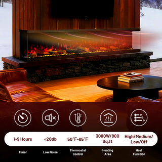 Panoramic 3-Sided Multi-Color LED Flame Wall-Mounted & Recessed Electric Fireplace