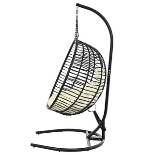 Single Folding Wicker Hanging Egg Chair with Stand, Indoor Outdoor Swing Hammock Chair, Adjustable Anti-Slip Feet for Balcony Bedroom Patio