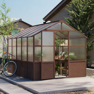 8x10 FT Wooden Walk-In Greenhouse Kit with 6mm Polycarbonate Panels, Adjustable Vent & Lockable Door