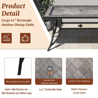 67x40 Inch Aluminum Patio Dining Table in Antique Bronze | Outdoor Rectangle Table for 6 with 2.4" Umbrella Hole