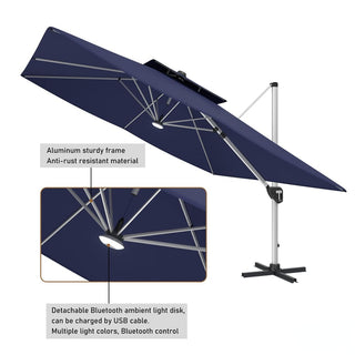 11ft Square Double-Tier Patio Umbrella with LED Lights – Red & Grey Outdoor Market Umbrella (Base Not Included)