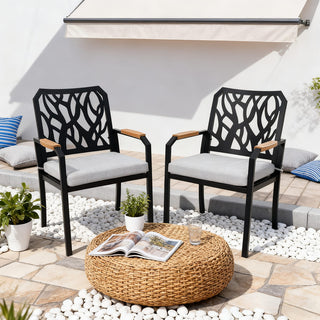 Outdoor Patio K/D Aluminum Stationary Dining Chairs 2PCS with Outdoor-grade Sunbrella Fabric Cushions, Branch-Like Backrest ,FSC-Certified Wood Armrest
