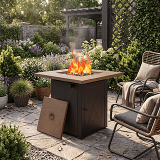 50,000 BTU Outdoor Propane Fire Pit Table, ETL Certified Gas Fire Pit with Side Door, Wood-Look Tabletop & X-Shaped Base