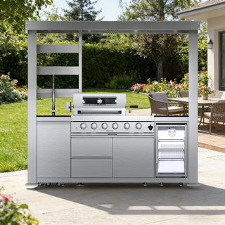 97-Inch 4-Burner 72000 BTU Outdoor Kitchen Island Grill | Stainless Steel BBQ with Wine Cooler, Rotisserie, Granite Countertop & Storage