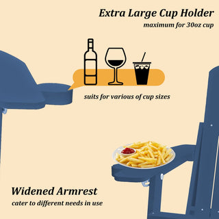 Navy Blue & Black Folding Plastic Adirondack Chair with Pull-Out Ottoman & Cup Holder for Outdoor Patio