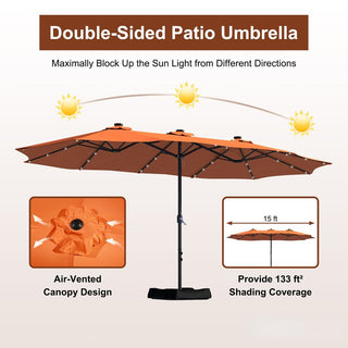 15FT Rectangular Outdoor Umbrella with LED Lights & Base – Day-to-Night Patio Shade for Backyard & Garden
