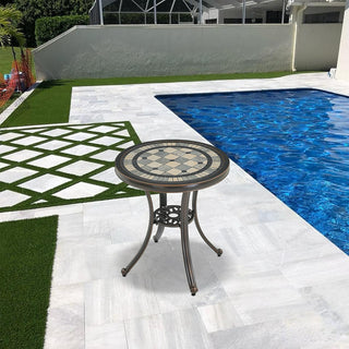 24" Round Cast Aluminum Outdoor Bistro Table with Ceramic Tile Top in Antique Bronze/White, Standard Height for Patio & Garden