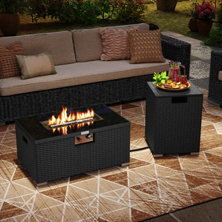 2-Piece Outdoor Rattan Fire Table Set 32 Inch Rectangle Gas Firepit with Tank Cover