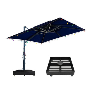 10×10 FT Double Top Aluminum Cantilever Patio Umbrella with LED Lights & Hook – Offset Outdoor Umbrella in Navy Blue/Tan/Gray