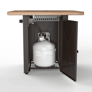 50,000 BTU Outdoor Propane Fire Pit Table, ETL Certified Gas Fire Pit with Side Door, Wood-Look Tabletop & X-Shaped Base