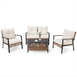 4-Piece Oversized Wicker Patio Conversation Set with Cushions & 2-Tier Storage Coffee Table for Outdoor Living