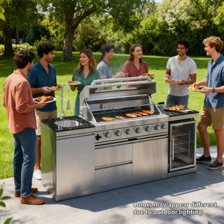 44-Inch Deluxe 6-Burner 85,000 BTU Stainless Steel Outdoor Kitchen Island Grill With Wine Cooler, Rotisserie & Granite Countertops