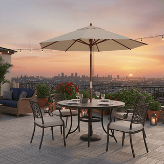 5-Piece Outdoor Dining Set - Round Gray Tile Table & Cast Aluminum Cushioned Chairs