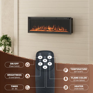 50/60/72-Inch Wall-Mounted & Recessed Electric Fireplace with Overheat Protection, Black