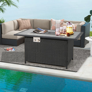 52 Inch Rattan Wicker Propane Fire Pit Table with Rain Cover and Lava Rock