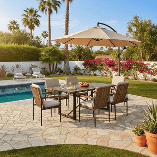 7-Piece Outdoor Patio Dining Set with Wooden Table & Umbrella Hole | 6 Wicker Chairs with Aluminum Frame & Olefin Cushions