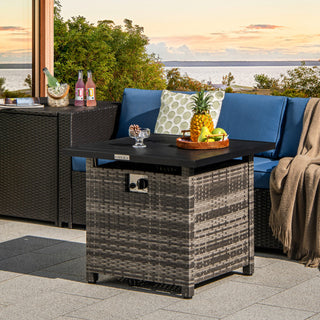 29 Inch Propane Rattan Firepit Table with Lava Rocks and Protective Cover