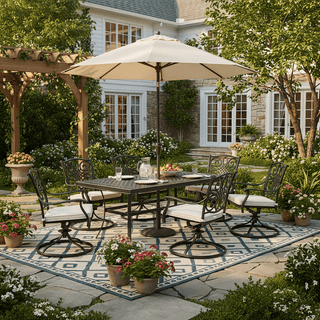 7-Piece Cast Aluminum Outdoor Dining Set - Hollow Table with Umbrella Hole & Swivel Rocking Chairs