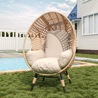 Outdoor Hanging Egg Chair with Stand, 400 lbs Capacity Patio Swing Chair, PE Rattan Wicker Lounge Chair with 8-Inch Thick Cushion,