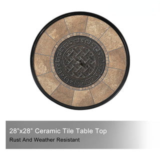 28 Inch Wood Grain Ceramic Top Cast Aluminum Bistro Table with Built-in Ice Bucket Rust Proof Outdoor Patio Table