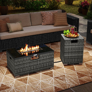 2-Piece Outdoor Rattan Fire Table Set 32 Inch Rectangle Gas Firepit with Tank Cover