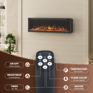 50/60/72-Inch Wall-Mounted & Recessed Electric Fireplace with Overheat Protection, Black