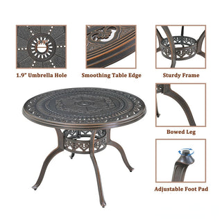 40" Round Cast Aluminum Outdoor Dining Table in Antique Bronze/White with 1.9" Umbrella Hole, Standard Height for Patio & Garden