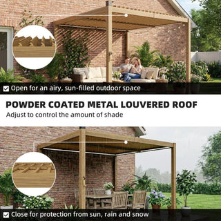 9.8 x 9.8 Ft Outdoor Louvered Pergola with Solar LED Lights & Powder-Coated Steel Roof