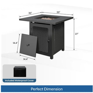 30”Width Outdoor 2-in1 Black Rattan Look Fireplace Table, 50000 BTU CSA Certified Propane Square Gas Fire Pit Table with Stainless Burner, Lid, Lava Rocks and Waterproof Cover