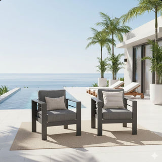 2-Pack 28" All-Weather Aluminum Patio Armchairs with Thick Blue Cushions